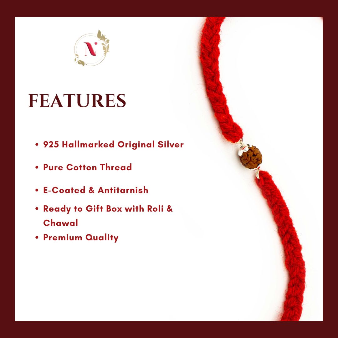 Red thread rakhi with silver charm on a white background with feature text.