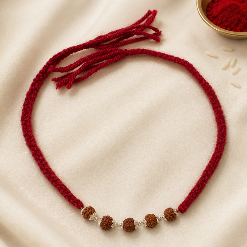 Silver Rudraksha Rakhi ( 5 Rudraksha )