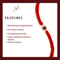 Red thread rakhi with silver charm on a white background with feature text.