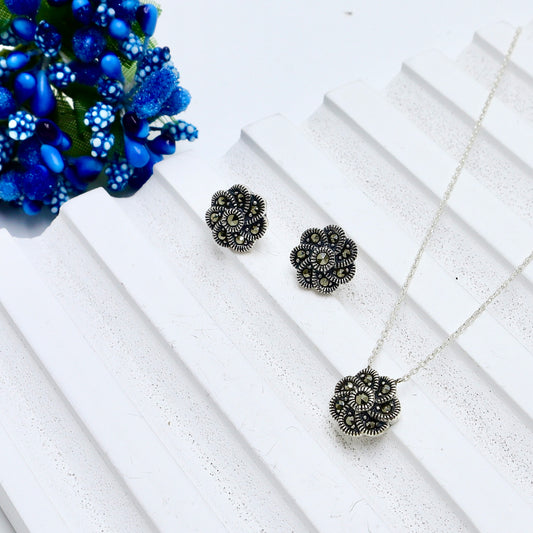 Oxidised Flower Necklace Earring Set