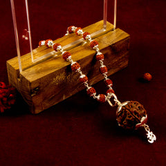 Silver Rudraksha Mala with 15MM Rudraksha Pendant - 6.5 MM Bead Size