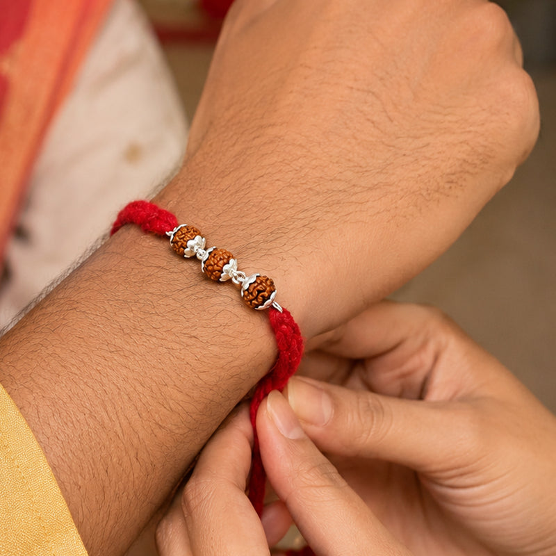 Silver Rudraksha Rakhi ( 3 Rudraksha )