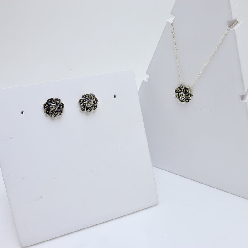 925 silver flower necklace earring set oxidised NJELS