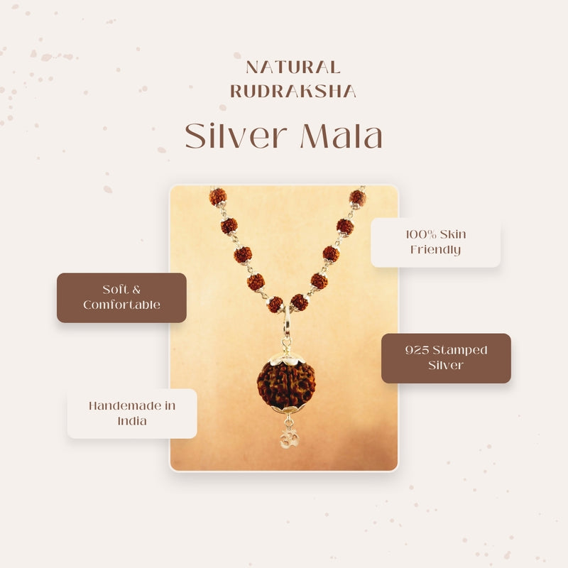 Silver Rudraksha Mala with 15MM Rudraksha Pendant - 6.5 MM Bead Size