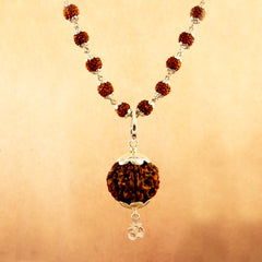 Silver Rudraksha Mala with 15MM Rudraksha Pendant - 6.5 MM Bead Size