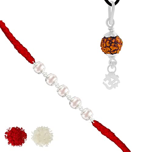 Silver Pearl Rakhi with Rudraksha Pendant