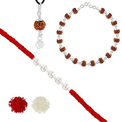 Silver Pearl Rakhi wity Rudraksha bracelet and Pendant