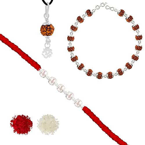 Silver Pearl Rakhi wity Rudraksha bracelet and Pendant