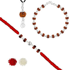 Silver Rudraksha Rakhi with Rudraksha Bracelet and Pendant