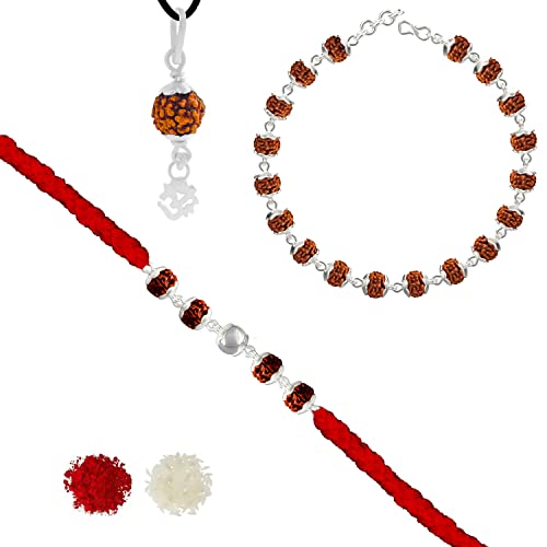 Silver Rudraksha Rakhi with Rudraksha Bracelet and Pendant
