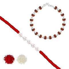 Silver Pearl Rakhi and Rudraksha Bracelet
