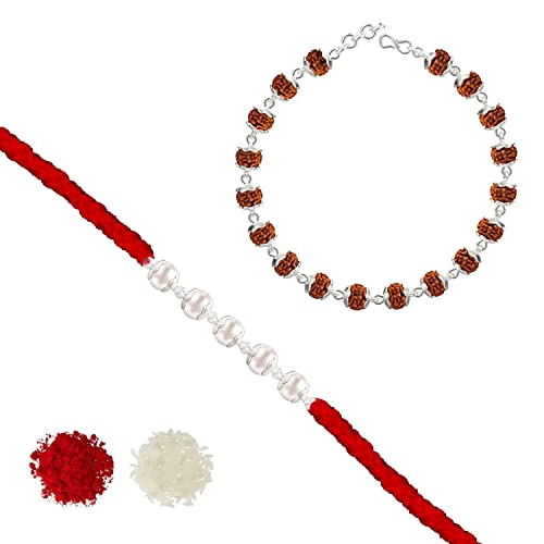 Silver Pearl Rakhi and Rudraksha Bracelet