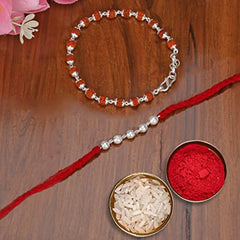 Silver Pearl Rakhi wity Rudraksha bracelet and Pendant