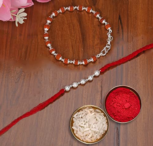 Silver Pearl Rakhi and Rudraksha Bracelet