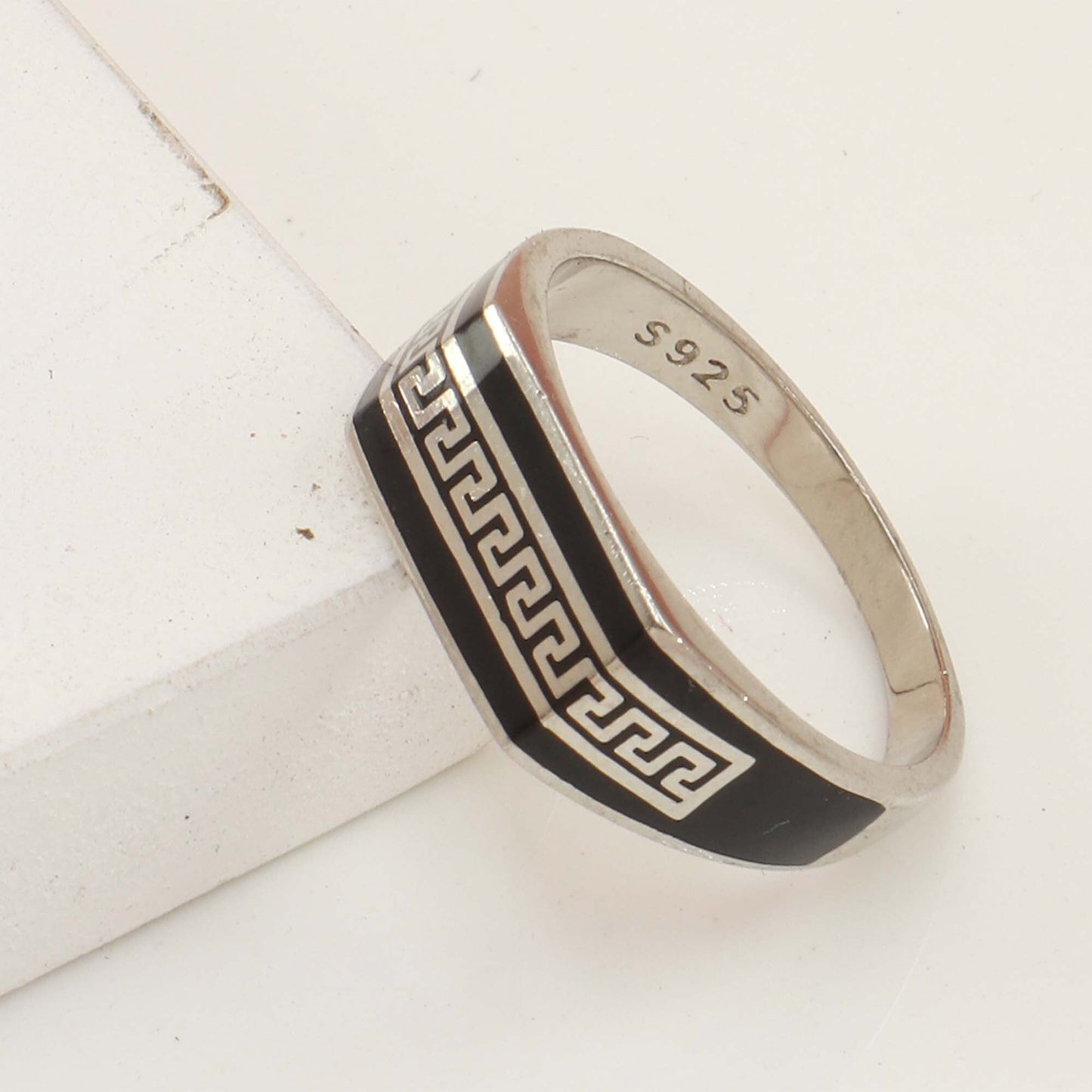 925 Sterling Silver Men's Ring Designer Black Enamel Gents Silver Ring Gift for Him