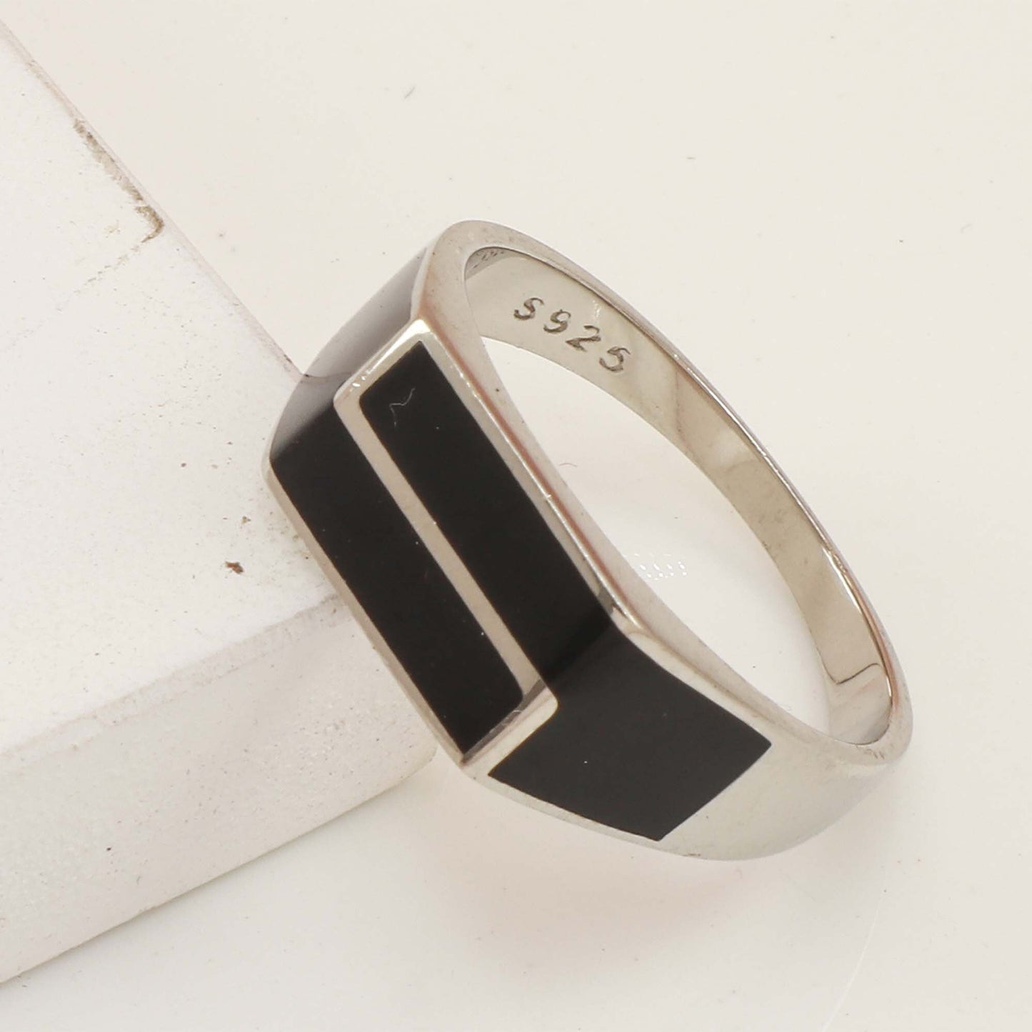 925 Sterling Silver Men's Ring Designer Black Enamel Gents Silver Ring Gift for Him